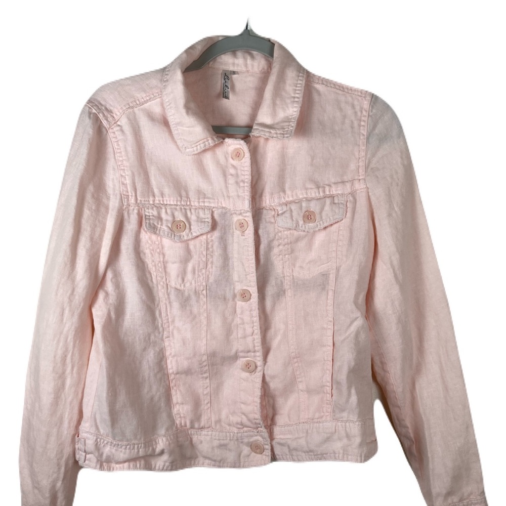 Lulu B’s 100% linen blush pink jacket with raw edge embellishment